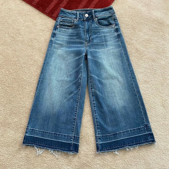 American Eagle Super Stretch 00R Festival Crop Wide Leg Jeans Raw Fringe Hems - Picture 2 of 9